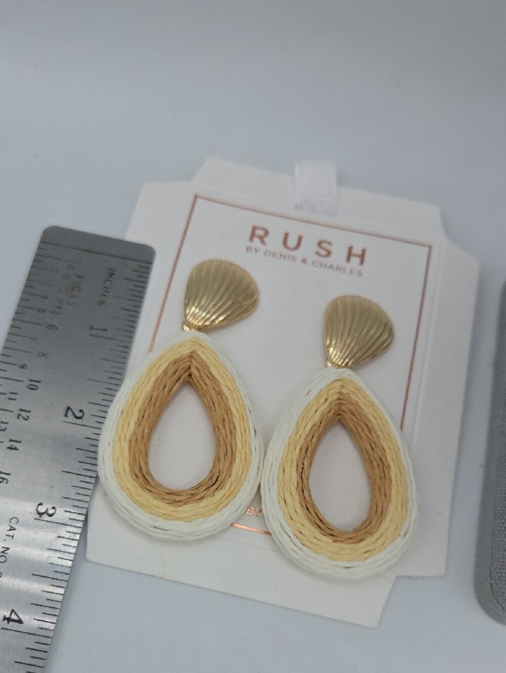 5 for $25! RUSH By Denis & Charles Gold Tone and Cream Teardrop Raffia Earrings - Picture 4 of 4